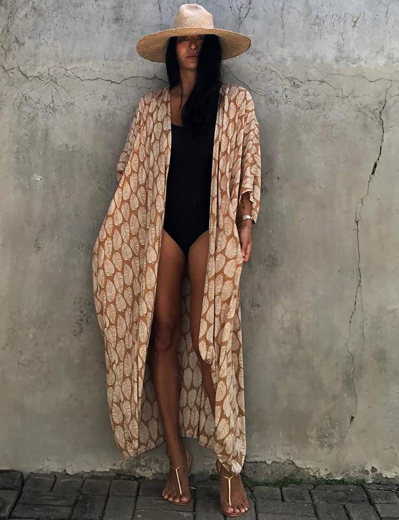 Bsubseach Leaf Print Loose Bathing Suit Cover Up Sexy Kimono 3/4 Sleeve Summer Cardigans for Women Ginger - Image 4