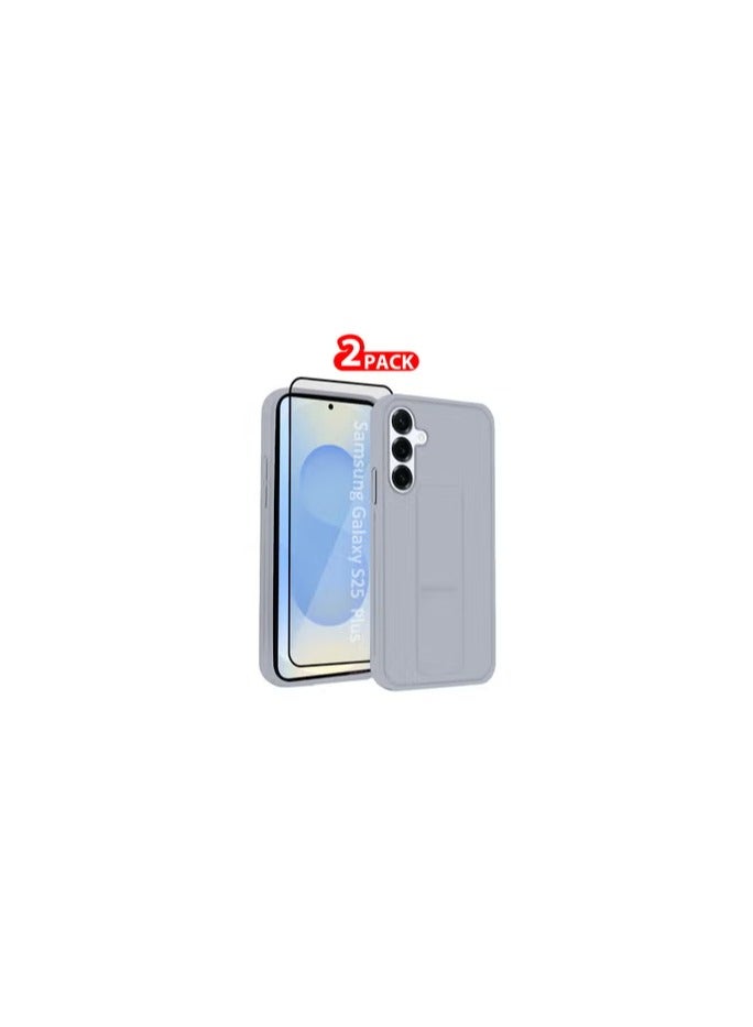 CATANES Galaxy S25 Plus 2Packs Case Silicone with Stand Function Finger Grip Case Cover with 1 Privacy Screen Protector / Light Grey - Image 2