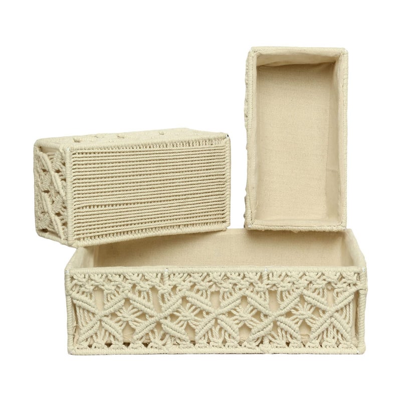 House n goods Trending Design Storage Basket Handmade Boho Style 100% Cotton Macrame Storage Basket for Home Decor (Beige Set of 3)  - Image 2