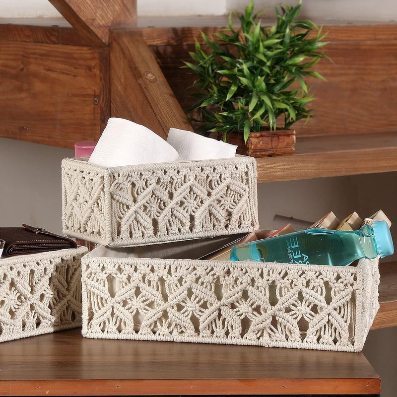 House n goods Trending Design Storage Basket Handmade Boho Style 100% Cotton Macrame Storage Basket for Home Decor (Beige Set of 3)  - Image 1