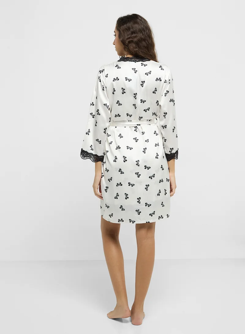 جينجر 2 Pc Lace Trim Floral Satin Robe With Slip Dress