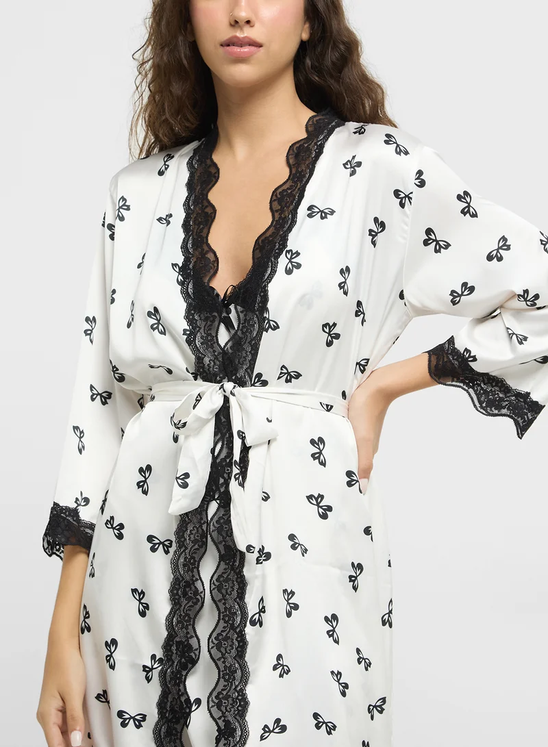 جينجر 2 Pc Lace Trim Floral Satin Robe With Slip Dress