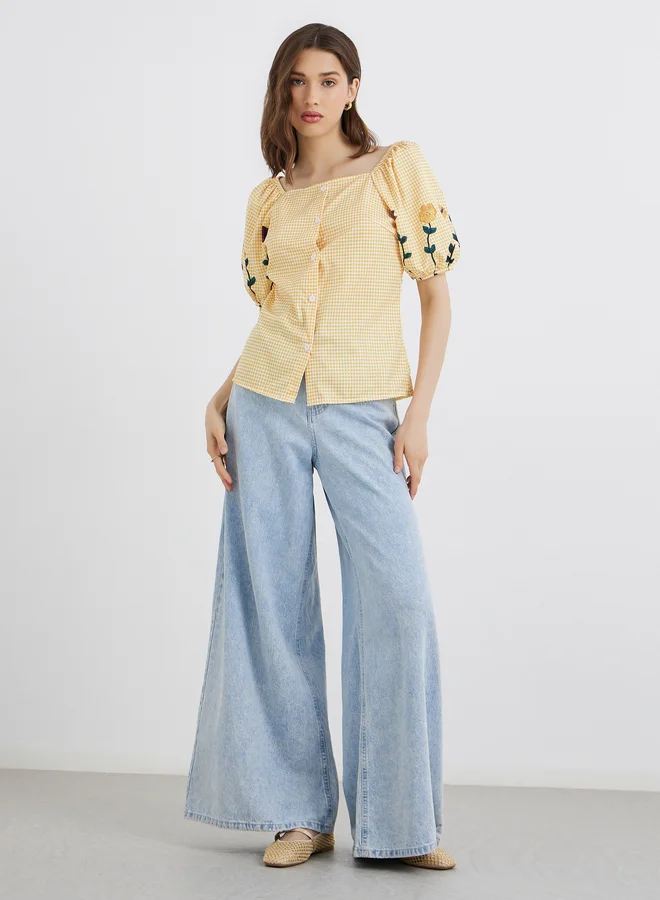 تايك تو Take Two Floral Print Puff Sleeve Buttoned Blouse