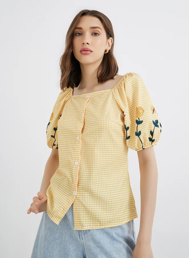 تايك تو Take Two Floral Print Puff Sleeve Buttoned Blouse