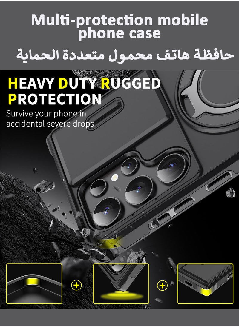 باور_لايف - جراب مغناطيسي دوار 360 درجة لهاتف Samsung Galaxy S25 Ultra، مناسب لـ Magsafe، جراب رفيع واقٍ لهاتف S25 Ultra مع حماية للعدسة وحامل حلقي 6.9 بوصة، أسود - Image 1