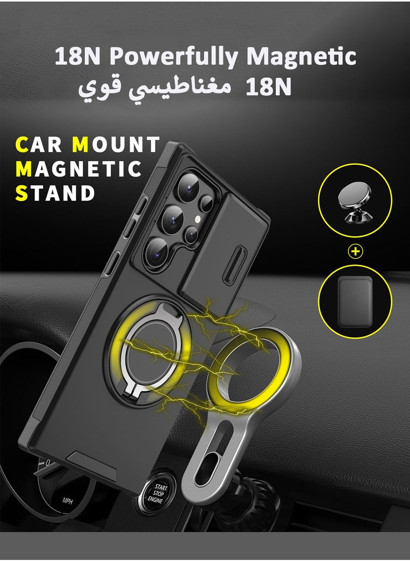 باور_لايف - جراب مغناطيسي دوار 360 درجة لهاتف Samsung Galaxy S25 Ultra، مناسب لـ Magsafe، جراب رفيع واقٍ لهاتف S25 Ultra مع حماية للعدسة وحامل حلقي 6.9 بوصة، أسود - Image 1