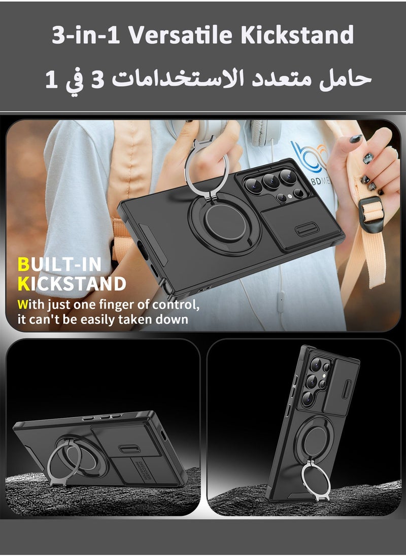 باور_لايف - جراب مغناطيسي دوار 360 درجة لهاتف Samsung Galaxy S25 Ultra، مناسب لـ Magsafe، جراب رفيع واقٍ لهاتف S25 Ultra مع حماية للعدسة وحامل حلقي 6.9 بوصة، أسود - Image 1