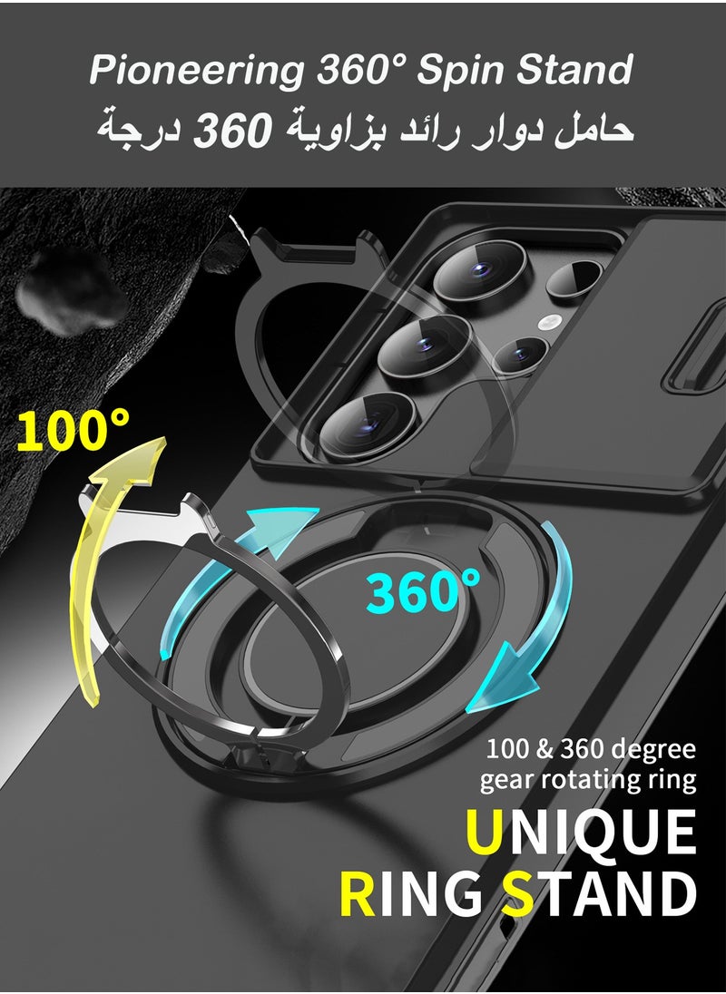 باور_لايف - جراب مغناطيسي دوار 360 درجة لهاتف Samsung Galaxy S25 Ultra، مناسب لـ Magsafe، جراب رفيع واقٍ لهاتف S25 Ultra مع حماية للعدسة وحامل حلقي 6.9 بوصة، أسود - Image 1