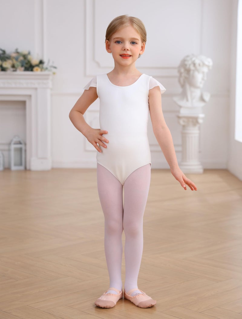 MdnMd Girls Leotard for Dance Ballet Gymnastic Outfit Child Bodysuit Bow Back Ruffle Sleeve (White, Age 6-8) - Image 2