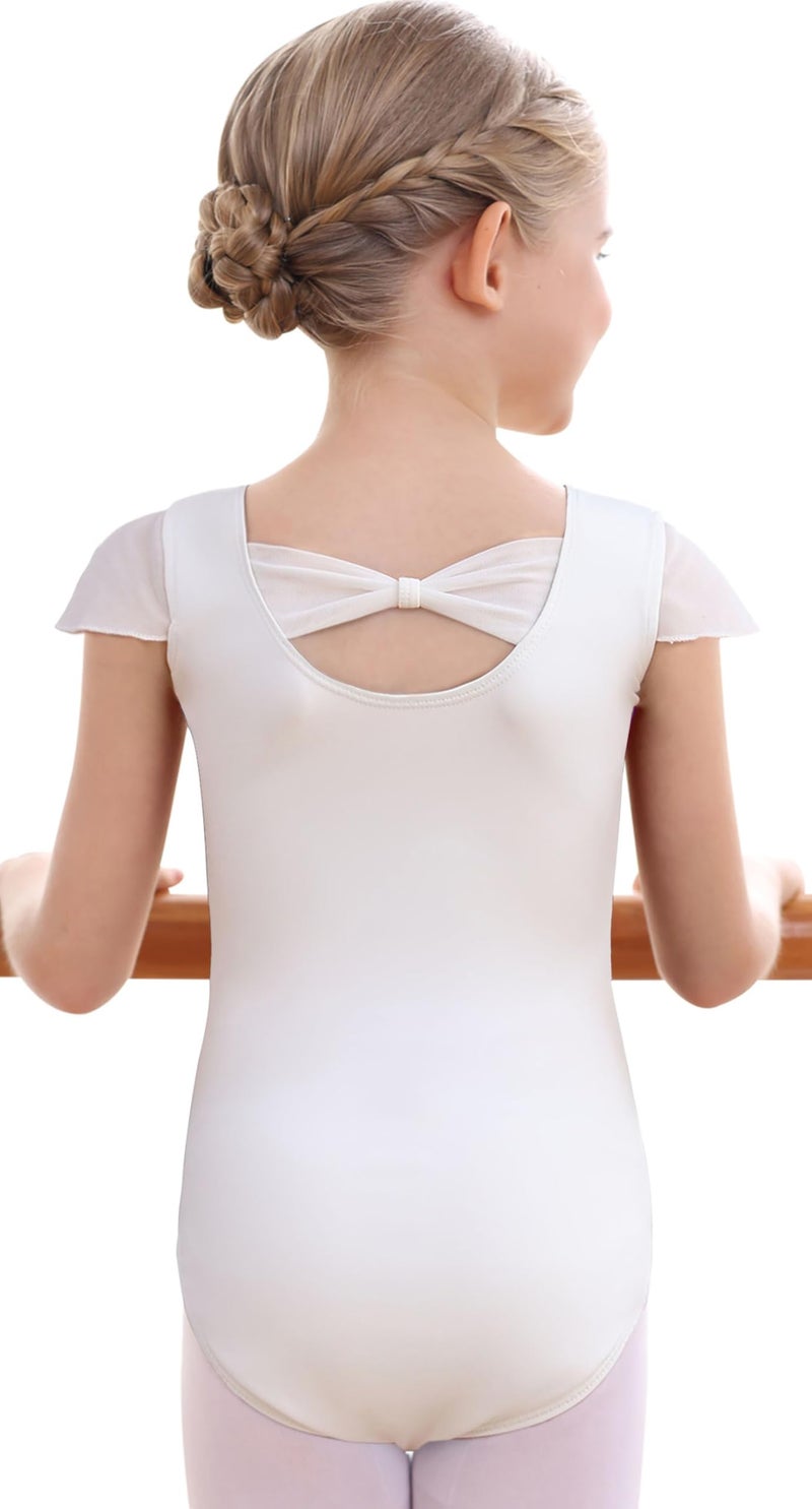 MdnMd Girls Leotard for Dance Ballet Gymnastic Outfit Child Bodysuit Bow Back Ruffle Sleeve (White, Age 6-8) - Image 1
