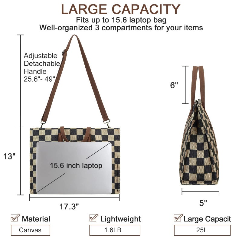 BTOOP Laptop Tote Bag For Women Work Shoulder Bags 15.6 Inch Canvas Lattice Laptop Computer Purse Messenger Teacher Handbag Business Office Briefcase(Khaki-Black) - Image 3