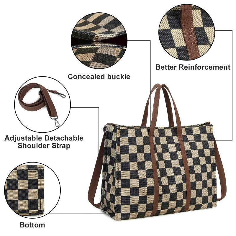 BTOOP Laptop Tote Bag For Women Work Shoulder Bags 15.6 Inch Canvas Lattice Laptop Computer Purse Messenger Teacher Handbag Business Office Briefcase(Khaki-Black) - Image 5