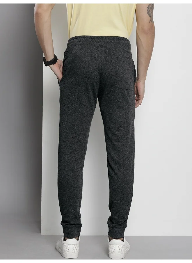 The Indian Garage Co Charcoal Melange Men Slim Fit Sport Placement Embroidery Knitted Jogger