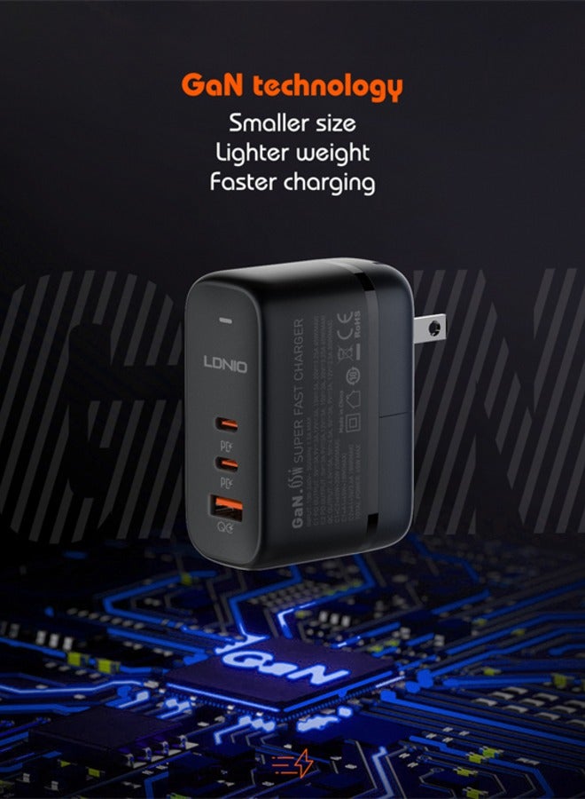 GaN 65W USB C Charger International Travel Charger Plug 3-Port Fast Wall Charger Head, US/UK/EU Plug Laptop Charger Black