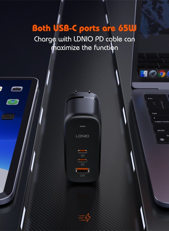 GaN 65W USB C Charger International Travel Charger Plug 3-Port Fast Wall Charger Head, US/UK/EU Plug Laptop Charger Black