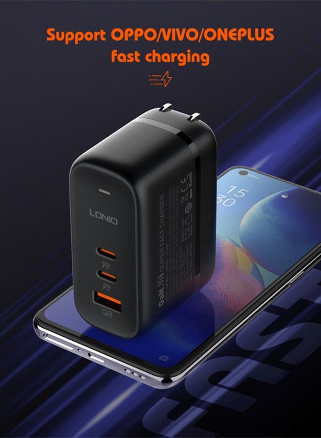 GaN 65W USB C Charger International Travel Charger Plug 3-Port Fast Wall Charger Head, US/UK/EU Plug Laptop Charger Black