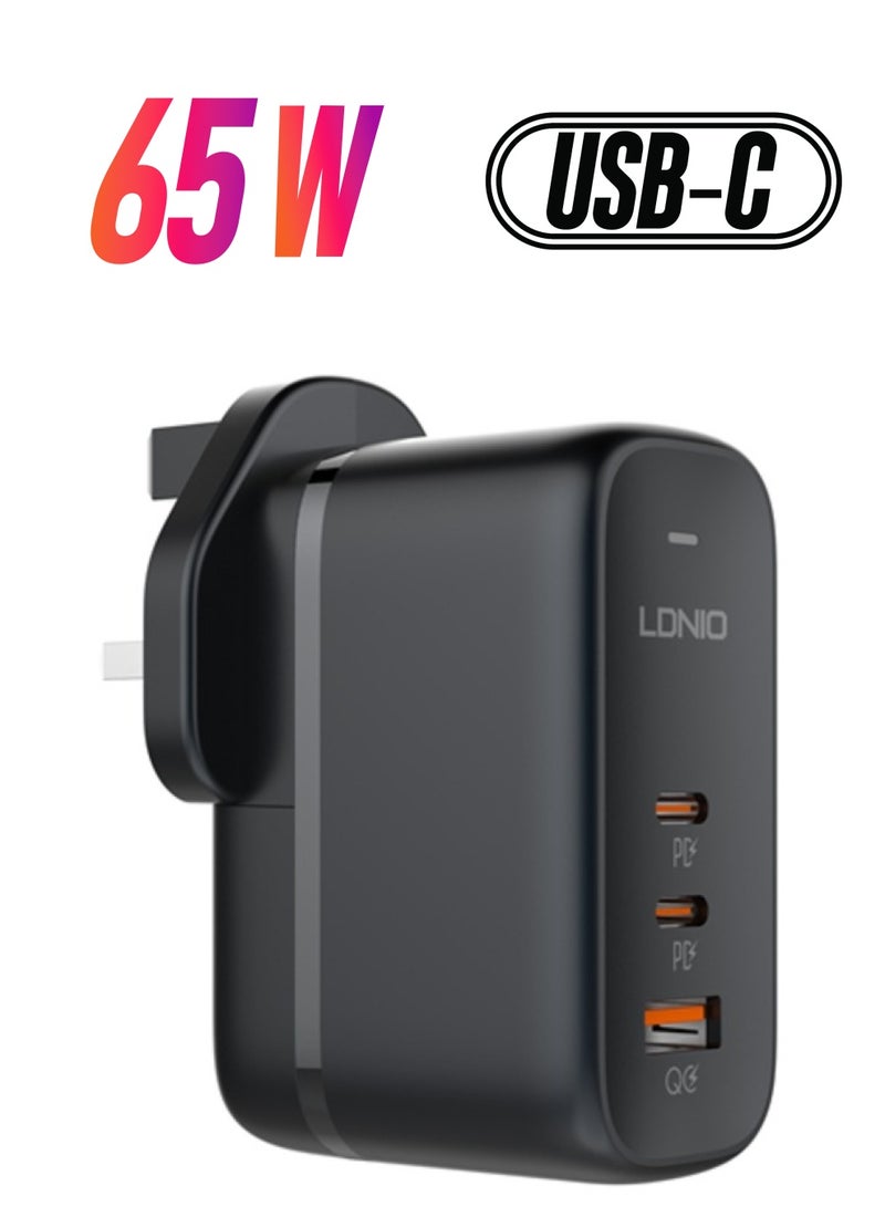 GaN 65W USB C Charger International Travel Charger Plug 3-Port Fast Wall Charger Head, US/UK/EU Plug Laptop Charger Black