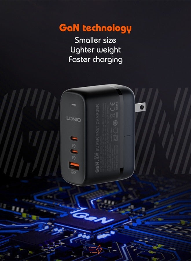 LDNIO شاحن GaN 65W USB C شاحن سفر دولي قابس 3 منافذ رأس شاحن حائط سريع، شاحن كمبيوتر محمول بقابس الولايات المتحدة/المملكة المتحدة/الاتحاد الأوروبي لأجهزة MacBook وHP وDell وLenovo وiPhone وiPad وGalaxy وSwitch وSteam Deck وما إلى ذلك باللون الأسود - Image 5