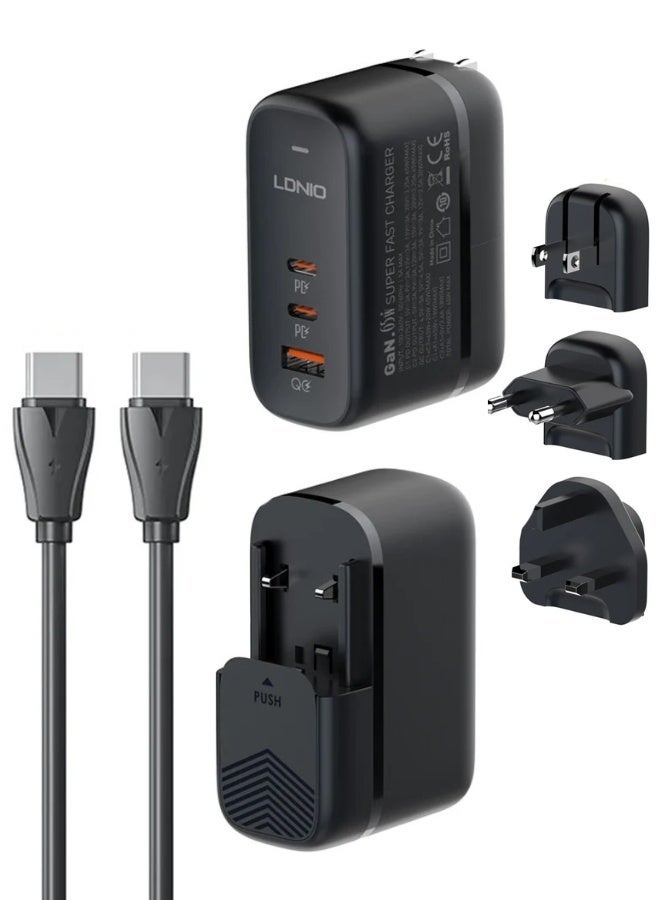 LDNIO شاحن GaN 65W USB C شاحن سفر دولي قابس 3 منافذ رأس شاحن حائط سريع، شاحن كمبيوتر محمول بقابس الولايات المتحدة/المملكة المتحدة/الاتحاد الأوروبي لأجهزة MacBook وHP وDell وLenovo وiPhone وiPad وGalaxy وSwitch وSteam Deck وما إلى ذلك باللون الأسود - Image 1
