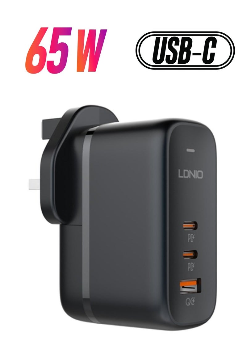 LDNIO شاحن GaN 65W USB C شاحن سفر دولي قابس 3 منافذ رأس شاحن حائط سريع، شاحن كمبيوتر محمول بقابس الولايات المتحدة/المملكة المتحدة/الاتحاد الأوروبي لأجهزة MacBook وHP وDell وLenovo وiPhone وiPad وGalaxy وSwitch وSteam Deck وما إلى ذلك باللون الأسود - Image 2