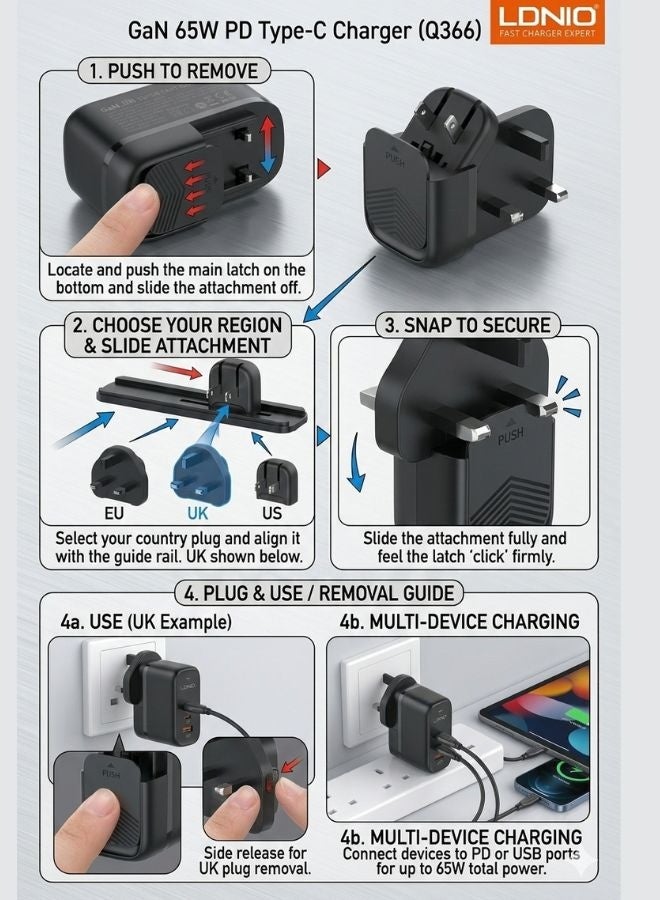 لدنيو شاحن GaN بقوة 65 واط USB-C مع كابل C-C – شاحن سفر عالمي متعدد المقابس (US/UK/EU) ثلاثي المنافذ شحن سريع – محول شاحن جداري سريع Type-C متعدد الاستخدامات متوافق مع آيفون 16/15/14 برو ماكس، ماك بوك برو/إير، آيباد برو/إير، سامسونج جالكسي، ديل XPS، جوجل بيكسل - Image 4