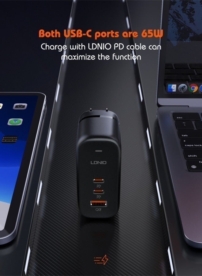 لدنيو شاحن GaN بقوة 65 واط USB-C مع كابل C-C – شاحن سفر عالمي متعدد المقابس (US/UK/EU) ثلاثي المنافذ شحن سريع – محول شاحن جداري سريع Type-C متعدد الاستخدامات متوافق مع آيفون 16/15/14 برو ماكس، ماك بوك برو/إير، آيباد برو/إير، سامسونج جالكسي، ديل XPS، جوجل بيكسل - Image 3