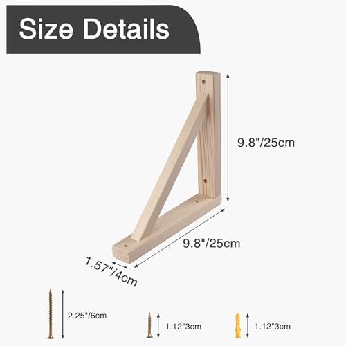 OVOV 4 Pack Wall Mount Wood Shelf Bracket Triangle Wooden Shelf Brackets for Plank Sconce Plug in Pendant Lamp Decorative DIY Wooden Bracket Include Mounting Screws 10 Inch - Image 3