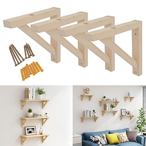 OVOV 4 Pack Wall Mount Wood Shelf Bracket Triangle Wooden Shelf Brackets for Plank Sconce Plug in Pendant Lamp Decorative DIY Wooden Bracket Include Mounting Screws 10 Inch - Image 1