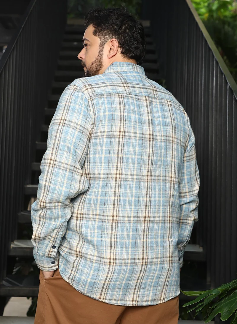 Instafab Plus  Men Tartan-Woven Regular Shirt | Button-Down Collar, Long Cuffed Sleeves | Button Closure, Curved Hem | Plaid Plaid | Woven Fabric For Plus Size Casual & Daily Wear | Sky Blue for Men | Best Price UAE