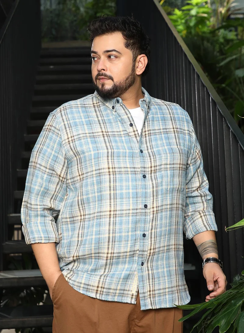 Instafab Plus  Men Tartan-Woven Regular Shirt | Button-Down Collar, Long Cuffed Sleeves | Button Closure, Curved Hem | Plaid Plaid | Woven Fabric For Plus Size Casual & Daily Wear | Sky Blue for Men | Best Price UAE