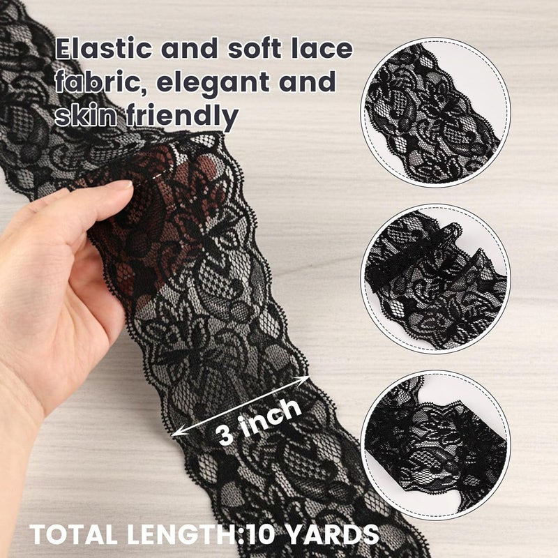 VGoodall 3 Inch Black Lace Ribbon, 10 Yards Wide Lace Trim for Sewing Elastic Floral by Roll for Bridal Wedding Decoration DIY Sewing Craft Gift Wrapping Supply - Image 5