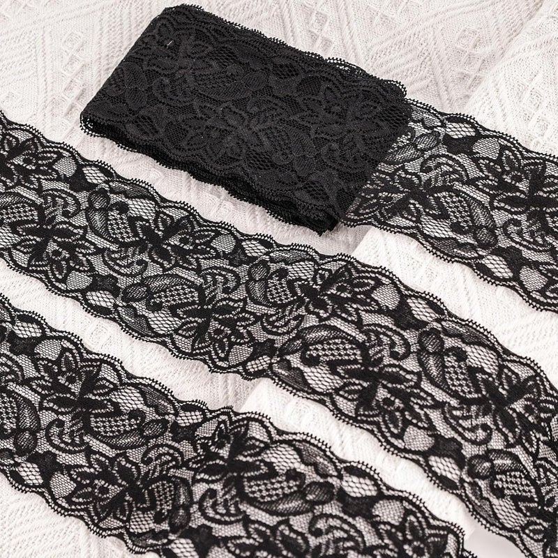 VGoodall 3 Inch Black Lace Ribbon, 10 Yards Wide Lace Trim for Sewing Elastic Floral by Roll for Bridal Wedding Decoration DIY Sewing Craft Gift Wrapping Supply - Image 1