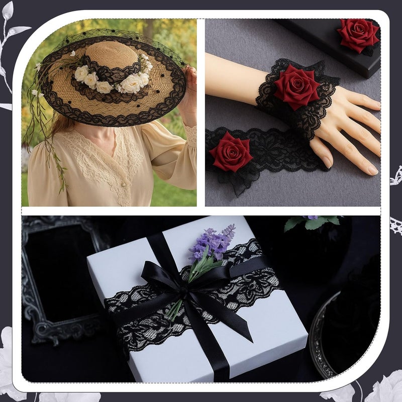 VGoodall 3 Inch Black Lace Ribbon, 10 Yards Wide Lace Trim for Sewing Elastic Floral by Roll for Bridal Wedding Decoration DIY Sewing Craft Gift Wrapping Supply - Image 3