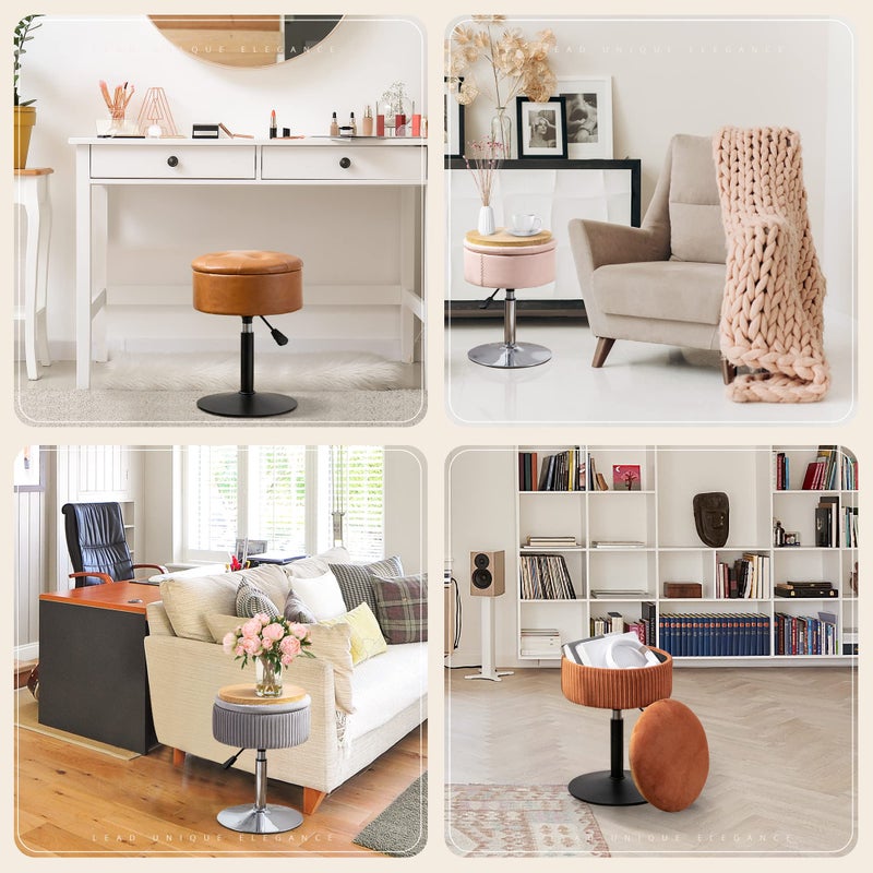 LUE BONA 360Â°Swivel Vanity Stool Chair for Makeup Room, Height Adjustable Stool for Vanity with Storage, Small Grey Velvet for Bathroom, Living Room - Image 3