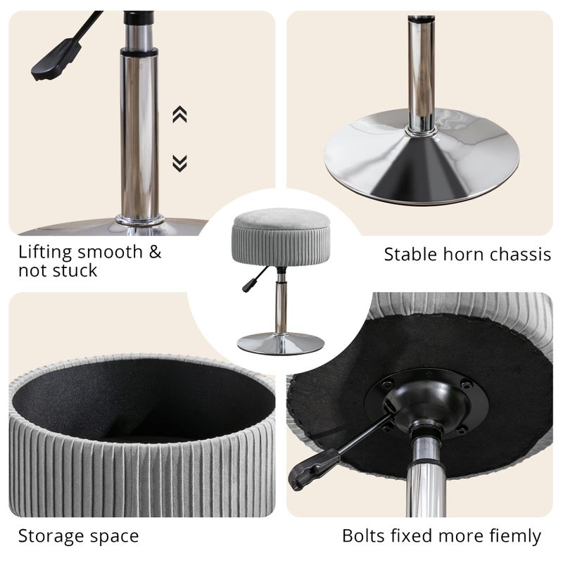 LUE BONA 360Â°Swivel Vanity Stool Chair for Makeup Room, Height Adjustable Stool for Vanity with Storage, Small Grey Velvet for Bathroom, Living Room - Image 5