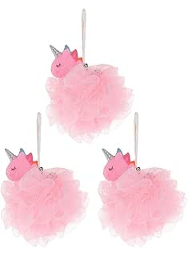 Pink Unicorn Mesh Loofah Pouf 3 Pack Exfoliating Body Scrubber For Shower And Bath Spa - Image 1