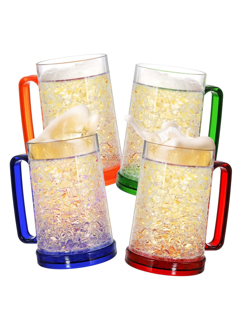 SYOSI أكواب بيرة ثلاجة، تبقي مشروباتك باردة، عبوة ٤ أكواب جيل مزدوج الجدار ثلاجة مجمدة، أكواب بيرة بلاستيكية مع مقابض للحفلات والهدايا، ١٦ أونصة (أزرق، أحمر، برتقالي وأخضر) - Image 1