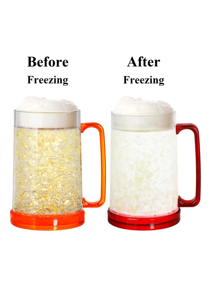 SYOSI أكواب بيرة ثلاجة، تبقي مشروباتك باردة، عبوة ٤ أكواب جيل مزدوج الجدار ثلاجة مجمدة، أكواب بيرة بلاستيكية مع مقابض للحفلات والهدايا، ١٦ أونصة (أزرق، أحمر، برتقالي وأخضر) - Image 3