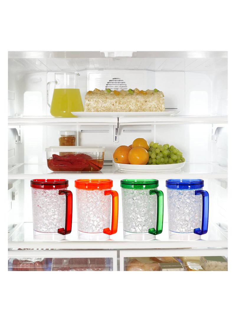 SYOSI أكواب بيرة ثلاجة، تبقي مشروباتك باردة، عبوة ٤ أكواب جيل مزدوج الجدار ثلاجة مجمدة، أكواب بيرة بلاستيكية مع مقابض للحفلات والهدايا، ١٦ أونصة (أزرق، أحمر، برتقالي وأخضر) - Image 4