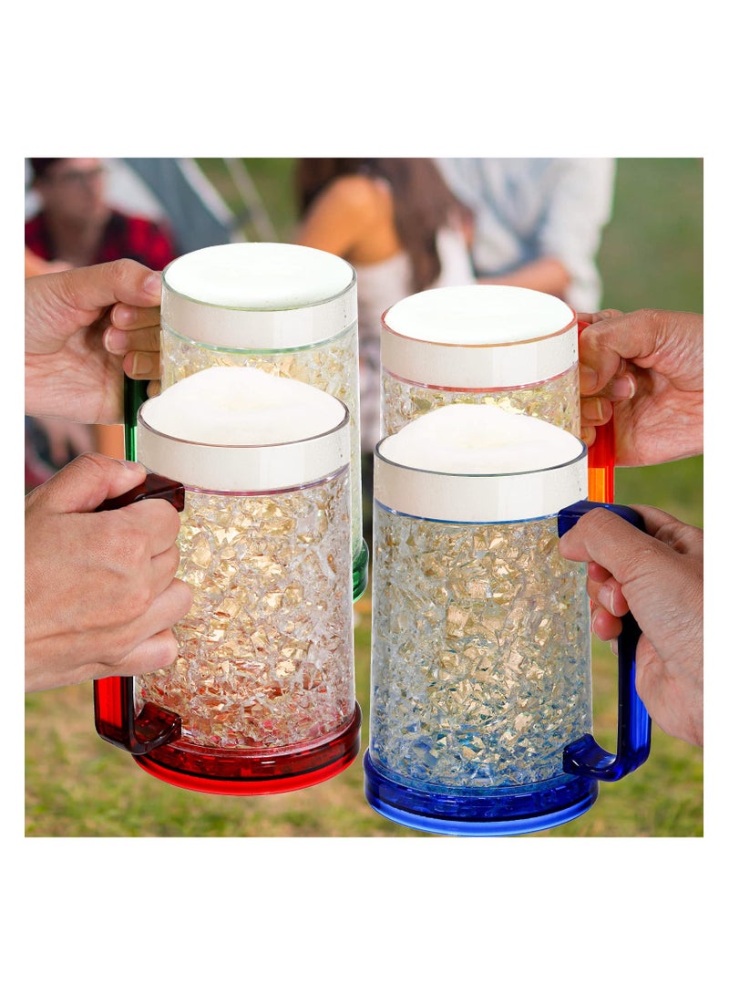 SYOSI أكواب بيرة ثلاجة، تبقي مشروباتك باردة، عبوة ٤ أكواب جيل مزدوج الجدار ثلاجة مجمدة، أكواب بيرة بلاستيكية مع مقابض للحفلات والهدايا، ١٦ أونصة (أزرق، أحمر، برتقالي وأخضر) - Image 5