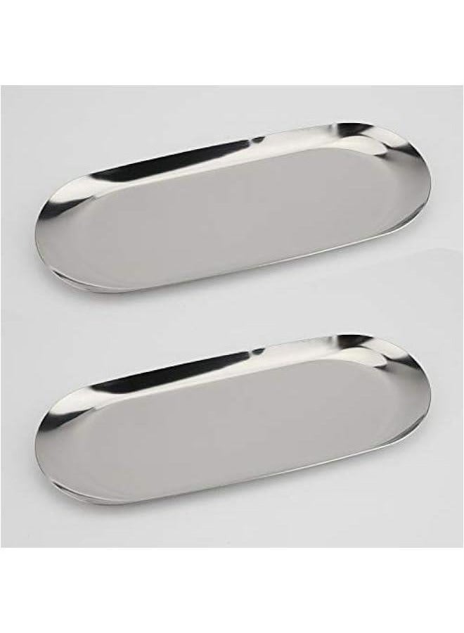 Stainless Steel Decorative Tray, Set of 2, 7 Inch Long, Jewelry Dish Cosmetics Organizer Bathroom Clutter Serving Platter Small Storage Tray, Oval, Silver - Image 1