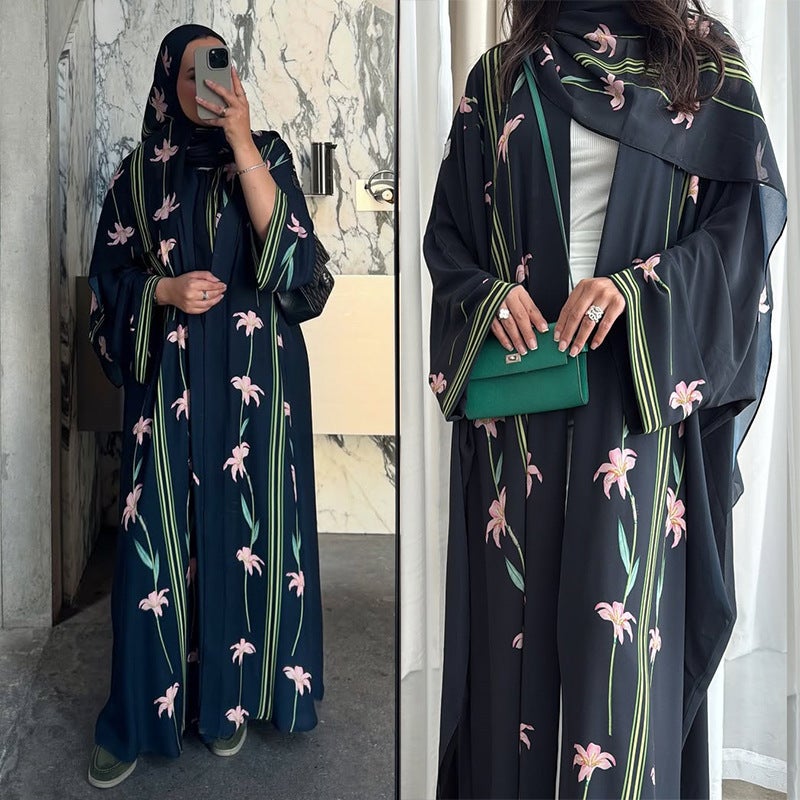 Printed Open Cardigan and Hijab Two-Piece Modest Set, Long Sleeve Loose Fit - Image 2