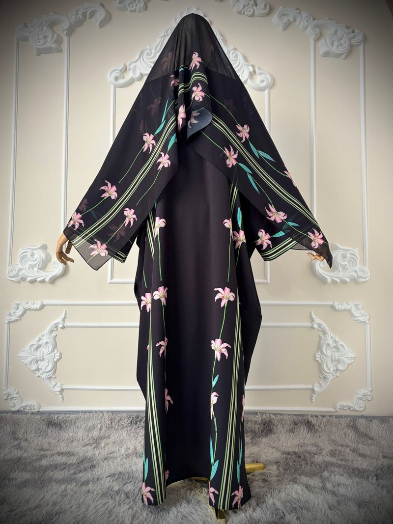 Printed Open Cardigan and Hijab Two-Piece Modest Set, Long Sleeve Loose Fit - Image 1