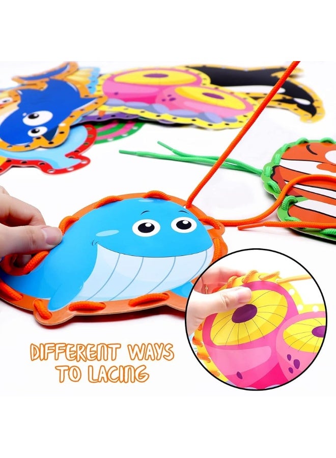 Omlisca Sea Animals Lacing Cards Sewing Cards 12 Pack Shark Whale Ocean Theme Party Decor Double Sided Cardboard Lacing Playing Games for Preschool Home Developing Imagination Education Supplies - Image 3