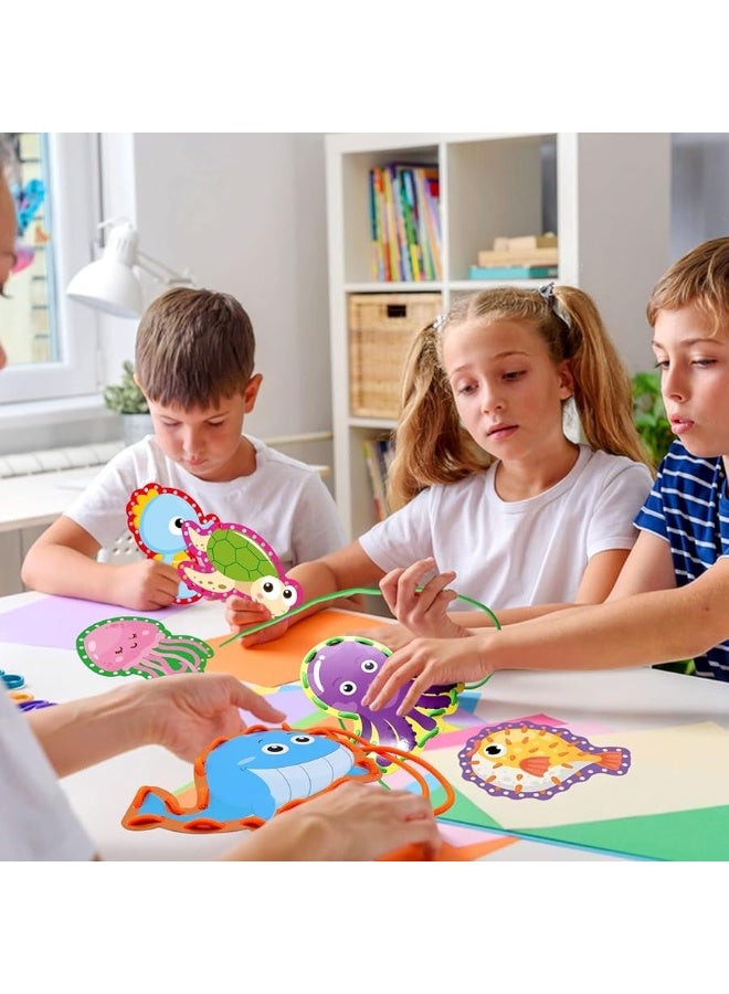 Omlisca Sea Animals Lacing Cards Sewing Cards 12 Pack Shark Whale Ocean Theme Party Decor Double Sided Cardboard Lacing Playing Games for Preschool Home Developing Imagination Education Supplies - Image 1