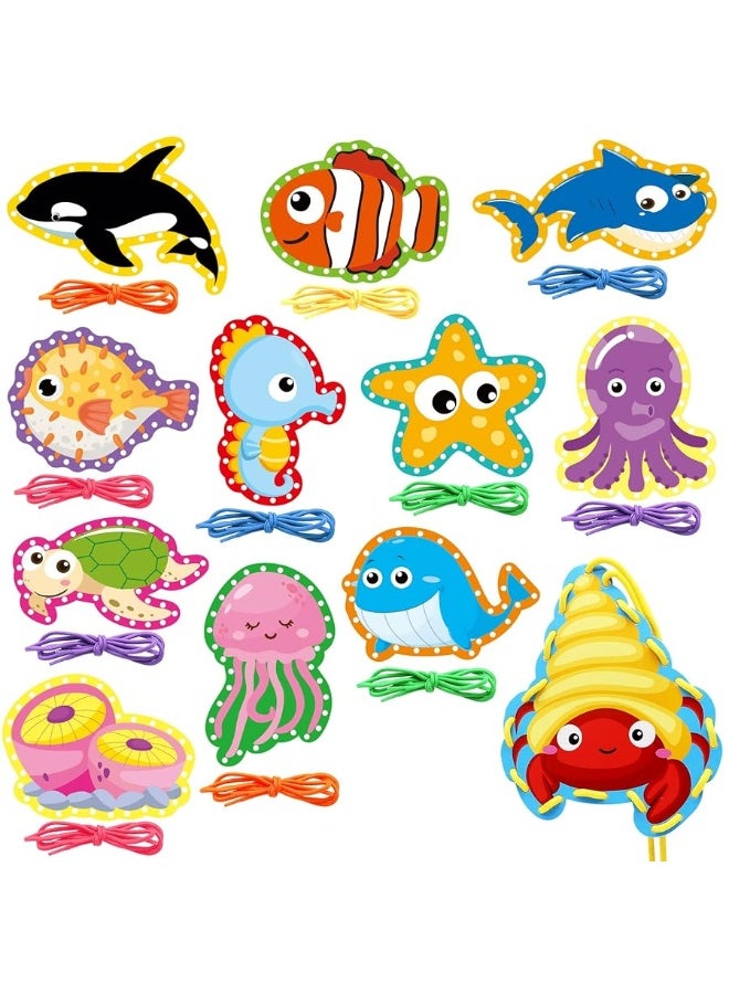 Omlisca Sea Animals Lacing Cards Sewing Cards 12 Pack Shark Whale Ocean Theme Party Decor Double Sided Cardboard Lacing Playing Games for Preschool Home Developing Imagination Education Supplies - Image 2