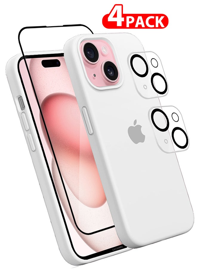 CATANES - 4 Packs For iPhone 15 Case Screen Protector and 2 Camera Lens Protectors Upgrade Defender Silicone Cover Shockproof Anti-Scratch Protective Phone Case White - Image 1