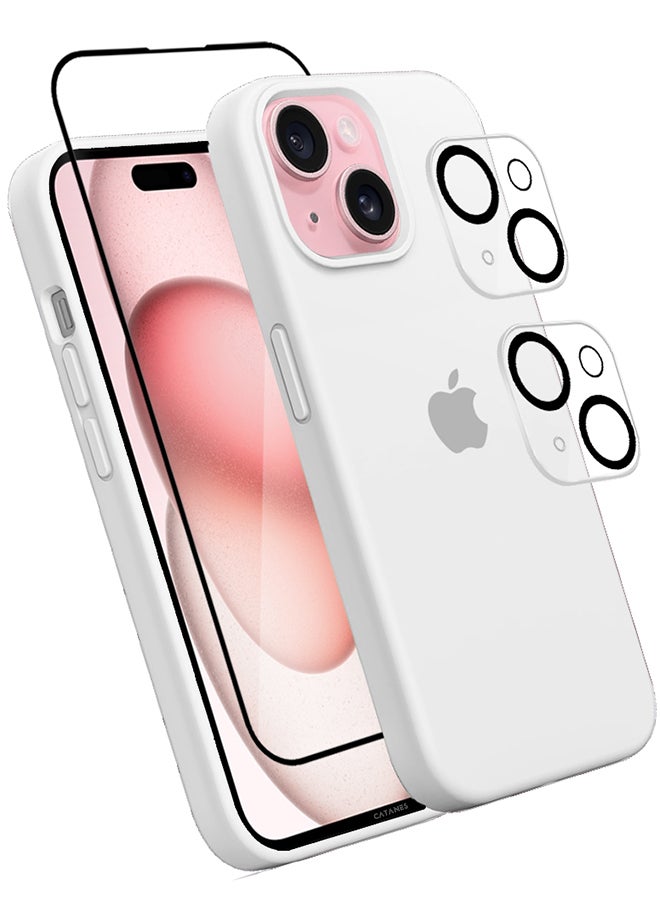 CATANES - 4 Packs For iPhone 15 Case Screen Protector and 2 Camera Lens Protectors Upgrade Defender Silicone Cover Shockproof Anti-Scratch Protective Phone Case White - Image 1