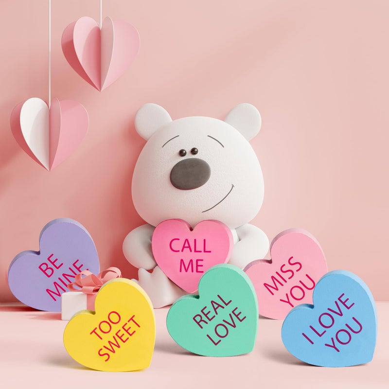 WATINC 6Pcs Valentine Heart Table Decor Tiered Tray Signs  Happy Valentine's Day Double-sided Conversation Sweet Heart Shaped Sign Tabletop Wooden Centerpiece  Wedding Party Gifts Decorations Supplies - Image 4