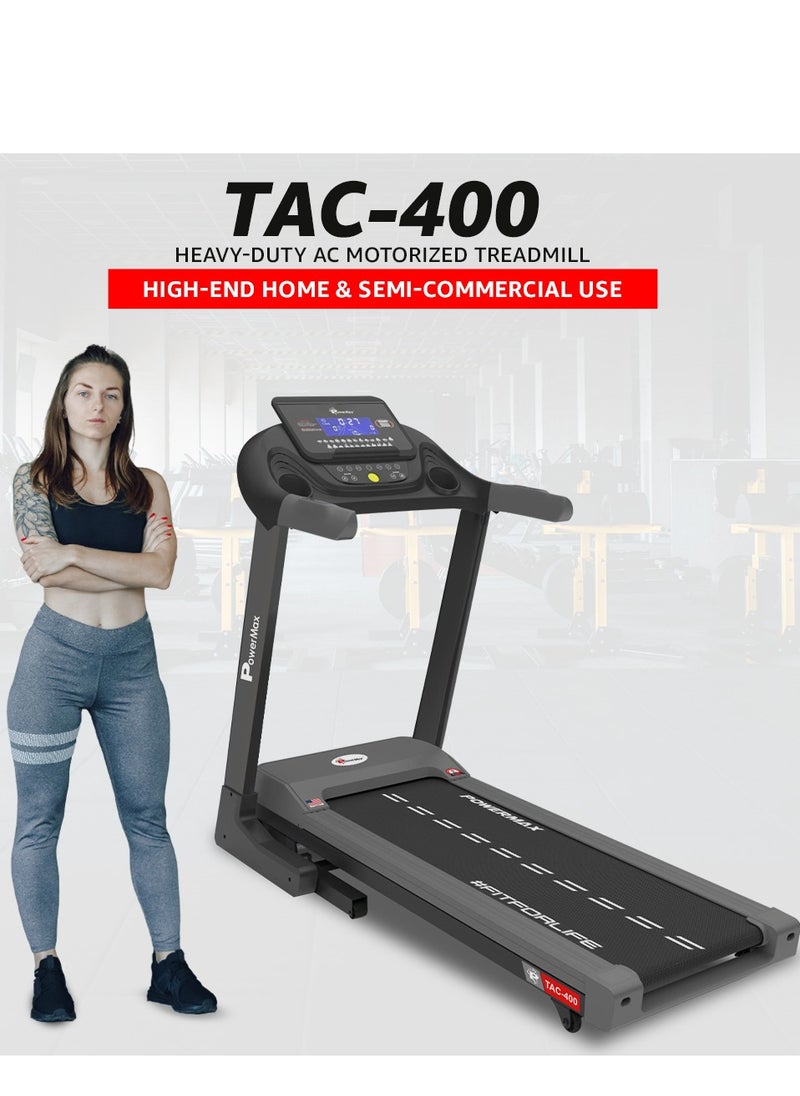 باورماكس فيتنيس جهاز المشي Powermax TAC-400 6HP AC بمحرك شبه تجاري مائل تلقائيًا لصالة الألعاب الرياضية المنزلية، أقصى وزن للمستخدم 140 كجم، السرعة القصوى 18 كيلومترًا في الساعة، سطح الجري 1400 × 450 مم، تزييت يدوي، بلوتوث، USB، مكبر صوت، شاشة LCD.  - Image 2
